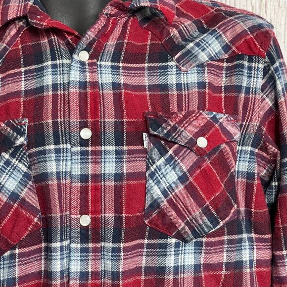 Levis Western Shirt Mens Size S Red Plaid Pearl Snap Button Long Sleeves Cotton - Picture 2 of 6